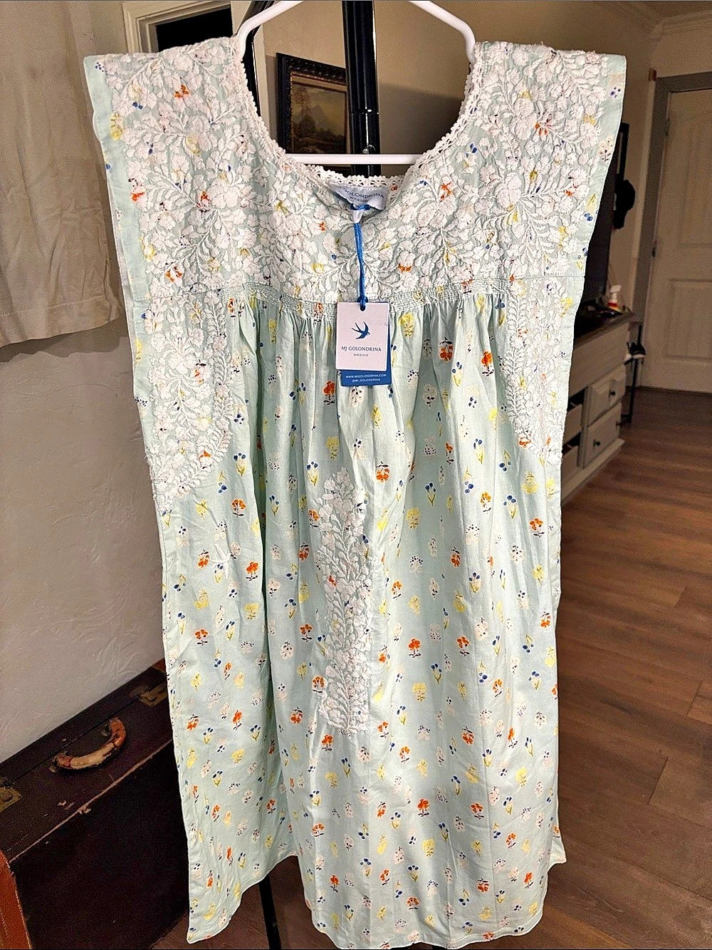 Mi Golondrina Floral Embroidered Mini Dress in Green & White size M